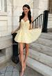 Picture of: Lace Applique Tulle Fit-and-Flare Mini Dress in Pale Yellow, Style 34146, Main Picture