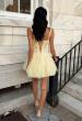 Picture of: Lace Applique Tulle Fit-and-Flare Mini Dress in Pale Yellow, Style 34146, Back Picture