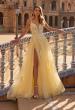 Picture of: Floral Beaded Tulle Gown with Slit and Lace-Up Back in Pale Yellow, Style: 33716, Main Picture