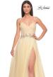 Picture of: A-Line Prom Gown with Ruched Bodice and Rhinestone Belt Detail in Pale Yellow, Style: 32117, Detail Picture 8
