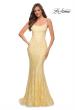 Picture of: Stretch Lace Gown with Lace Up Strappy Back in Pale Yellow, Style 29611, Detail Picture 3