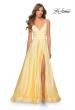 Picture of: Long Satin Dress with Side Slit and V Shaped Back in Pale Yellow, Style: 28607, Detail Picture 5