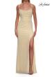 Picture of: Cowl Neck Rhinestone Gown with Side Ruching and High Slit in Pale Yellow, Style: 33272, Detail Picture 7