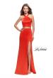 Picture of: Halter Two Piece Satin Prom Dress with Caged Back in Papaya, Style: 26171, Detail Picture 2
