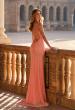 Picture of: Rhinestone Jersey Gown with Open Lace-Up Back in Peach, Style: 33863, Back Picture