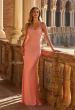 Picture of: Rhinestone Jersey Gown with Open Lace-Up Back in Peach, Style: 33863, Detail Picture 1