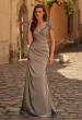 Picture of: Ruched Satin Gown with Lace Cap Sleeves and Illusion Back in Pewter, Style: 32431, Main Picture