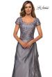 Picture of: V-neck Jersey Floor Length Gown with Short Sleeves in Platinum, Style: 27033, Detail Picture 1