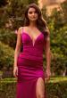 Picture of: Fitted Satin Gown with Plunging Neckline and Strappy Back in Raspberry, Style: 33423, Detail Picture 3