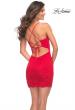 Picture of: Stretch Lace Dress with V Neckline and Lace Up Back in Red, Detail Picture 8