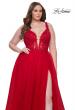 Picture of: Deep V Plus Size Tulle Dress with Lace Illusion Bodice in Red, Style: 31394, Detail Picture 4
