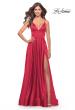 Picture of: Long Satin Dress with Side Slit and V Shaped Back in Red, Style: 28607, Style: 28607