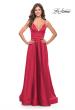 Picture of: Long Satin Dress with Side Slit and V Shaped Back in Red, Style: 28607, Style: 28607