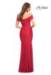 Picture of: Ruched Off the Shoulder Gown with V Neckline in Red, Back Picture