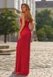 Picture of: Rhinestone Fitted Gown with Draped Bodice and Sheer Corset Back in Red, Style: 33343, Back Picture
