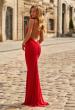 Picture of: Fitted Jersey Gown with Open Back and Ruching in Red, Style: 33644, Back Picture
