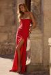 Picture of: Ruched Long Prom Dress with Rhinestone Bra Style Top in Red , Style 32939, Detail Picture 1