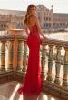 Picture of: Beaded Mesh Lace-Up Gown with Straight Neckline in Red, Style: 33678, Detail Picture 1