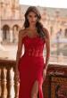 Picture of: Strapless Lace Applique Corset Gown with High Slit in Red, Style: 33399, Detail Picture 3
