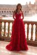 Picture of: Tiered Lace A-Line Gown with Corset Bodice and Slit in Red, Style: 33525, Detail Picture 3
