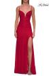 Picture of: Fitted Lace Gown with Plunging Neckline, Ruching, and High Slit in Red, Style: 33293, Detail Picture 6
