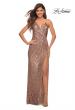Picture of: Draped Slit Long Sequin Gown with Lace Up Back in Rose Gold, Detail Picture 4