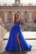 Picture of: Ruffle Tulle Prom Gown with Illusion Lace Bodice and High Slit in Royal Blue, Style: 32128, Main Picture