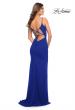Picture of: Net Jersey Long Ruched Gown with Slit and Open Back in Royal Blue, Style: 30393, Detail Picture 9