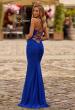 Picture of: Ruched Net Jersey Gown with Lace-Up Back and Drop Waist in Royal Blue, Style: 33638, Back Picture