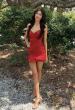 Picture of: Satin Ruffle Hem Lace-Up Mini Dress in Ruby, Style 34149, Detail Picture 8