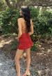Picture of: Satin Ruffle Hem Lace-Up Mini Dress in Ruby, Style 34149, Detail Picture 9