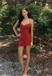 Picture of: Satin Ruffle Hem Lace-Up Mini Dress in Ruby, Style 34149, Detail Picture 10