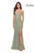 Picture of: Fitted Stretch Lace Gown with Deep V and Beading in Sage, Style: 29977, Detail Picture 3
