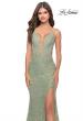 Picture of: Fitted Stretch Lace Gown with Deep V and Beading in Sage, Style: 29977, Detail Picture 5