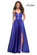 Picture of: Long Satin Formal Gown with Leg Slit and Strappy Back in Sapphire Blue, Style: 26994, Detail Picture 4