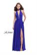 Picture of: Long Satin Prom Dress with Pockets and Beaded Choker in Sapphire Blue, Style: 26154, Main Picture