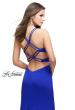 Picture of: Form Fitting Satin Gown with Side Cut Outs and V Neckline in Sapphire Blue, Style: 25853, Back Picture