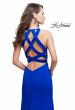 Picture of: High Neck Satin Gown with Leg Slit and Strappy Back in Sapphire Blue, Style: 25962, Back Picture