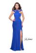 Picture of: Long Jersey Prom Dress with Ruffle Detail and Slit in Sapphire Blue, Style: 25971, Detail Picture 1