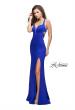 Picture of: Form Fitting Satin Gown with Side Cut Outs and V Neckline in Sapphire Blue, Style: 25853, Detail Picture 3