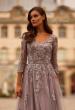 Picture of: Two Tone Lace Applique Tulle A-line Gown with Illusion Sleeves in Silver Mauve, Style: 31717, Detail Picture 1