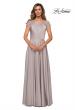 Picture of: Long Satin Dress with Sheer Floral Lace Cap Sleeves in Silver, Style: 28100, Main Picture