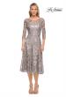 Picture of: Lace Metallic Tea Length Dress with Three-Quarter Sleeves in Silver, Style: 29993, Main Picture