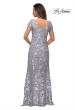 Picture of: Long Three Quarter Sleeve Floral Lace Evening Gown in Silver, Style: 27842, Back Picture