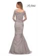 Picture of: Satin Mermaid Gown with Off the Shoulder Lace Bodice in Silver, Back Picture