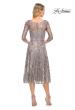 Picture of: Lace Metallic Tea Length Dress with Three-Quarter Sleeves in Silver, Style: 29993, Back Picture