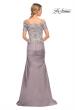 Picture of: Off the Shoulder Satin and Lace Beaded Mermaid Gown in Silver, Style: 30045, Back Picture