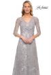 Picture of: Long Lace Evening Dress with V Neckline and Sleeves in Silver, Style: 29989, Detail Picture 1