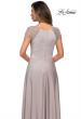 Picture of: Long Satin Dress with Sheer Floral Lace Cap Sleeves in Silver, Style: 28100, Detail Picture 4