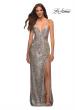 Picture of: Draped Slit Long Sequin Gown with Lace Up Back in Silver, Detail Picture 10
